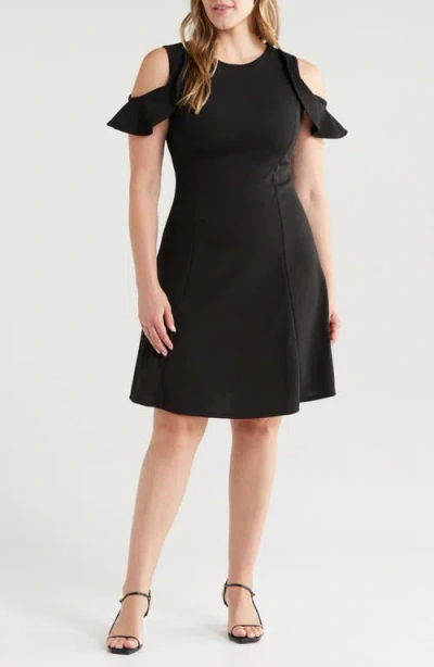 24seven Comfort Apparel Ruffle Cold Shoulder A-line Dress In Black