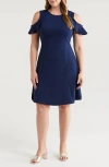 24seven Comfort Apparel Plus Size Ruffle A-line Knee Length Dress In Navy