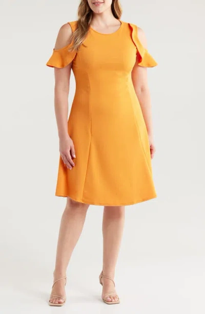 24seven Comfort Apparel Ruffle Cold Shoulder A-line Dress In Peach