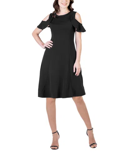 24seven Comfort Apparel Ruffle Cold Shoulder A Line Knee Length Dress In Black