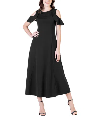 24seven Comfort Apparel Ruffle Cold Shoulder A Line Maxi Dress In Black