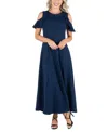 24seven Comfort Apparel Ruffle Cold Shoulder A Line Maxi Dress In Navy