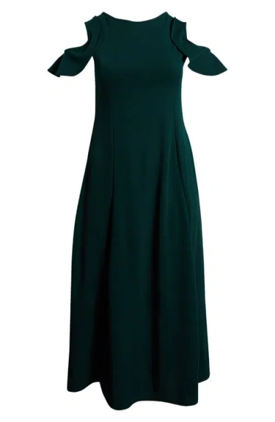 24seven Comfort Apparel Ruffle Cold Shoulder Maxi Dress In Hunter
