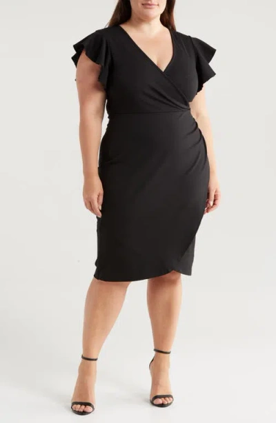 24seven Comfort Apparel Ruffle Sleeve Stretch Faux Wrap Dress In Black