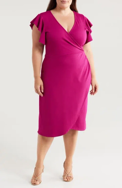 24seven Comfort Apparel Ruffle Sleeve Stretch Faux Wrap Dress In Magenta