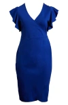 24seven Comfort Apparel Ruffle Sleeve Stretch Faux Wrap Dress In Royal