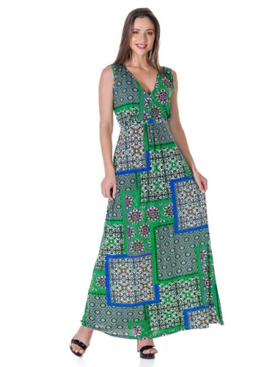 24seven Comfort Apparel Scarf Print V-neck Empire Waist Sleeveless Maxi Dress In Green