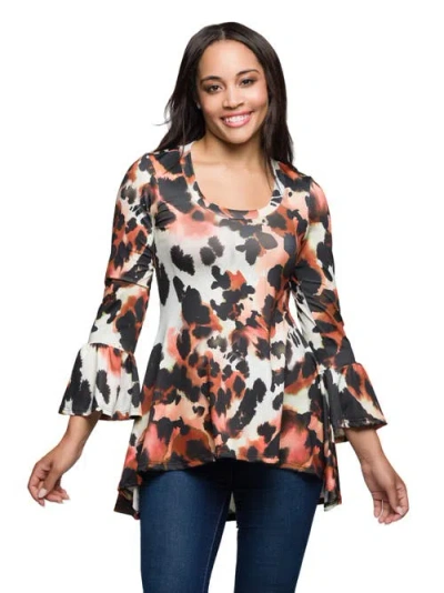 24seven Comfort Apparel Scoop Neck Bell Sleeve Tunic Top Animal Print In White