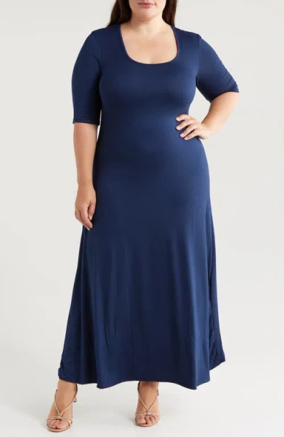 24seven Comfort Apparel Scoop Neck Jersey Maxi Dress In Navy