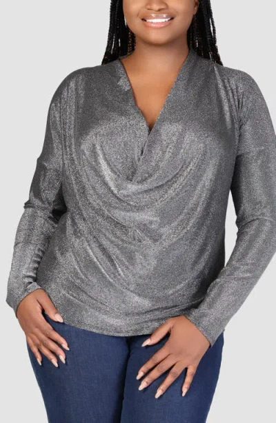 24seven Comfort Apparel Shimmer Knit Cowl Neck Top In Silver