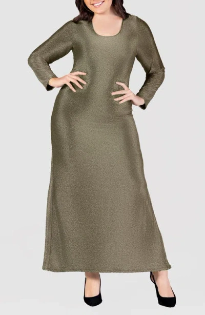 24seven Comfort Apparel Shimmer Knit Long Sleeve Maxi Dress In Gold