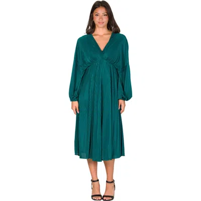 24SEVEN COMFORT APPAREL 24SEVEN COMFORT APPAREL SHIMMER PLEATED V-NECK EMPIRE WAIST BISHOP SLEEVE MIDI DRESS