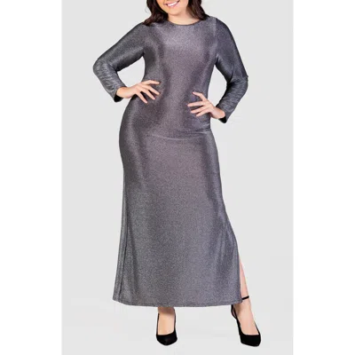 24seven Comfort Apparel Shimmery Long Sleeve Maxi Dress In Silver