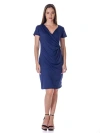 24seven Comfort Apparel Petites Short Sleeve Knee Length Faux Wrap Dress In Blue