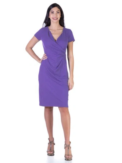 24seven Comfort Apparel Short Sleeve Knee Length Faux Wrap Dress In Purple