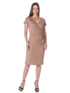 24seven Comfort Apparel Short Sleeve Knee Length Faux Wrap Dress In Brown