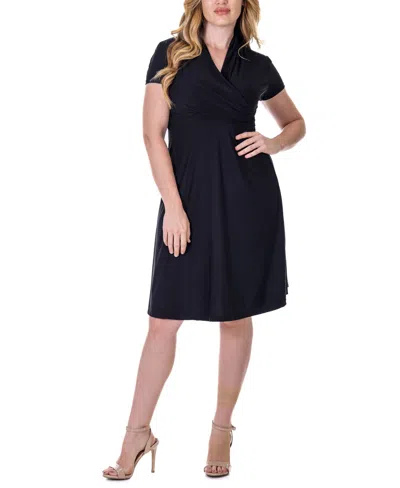 24seven Comfort Apparel Short Sleeve Knee Length V Neck Rouched Wrap Dress In Black