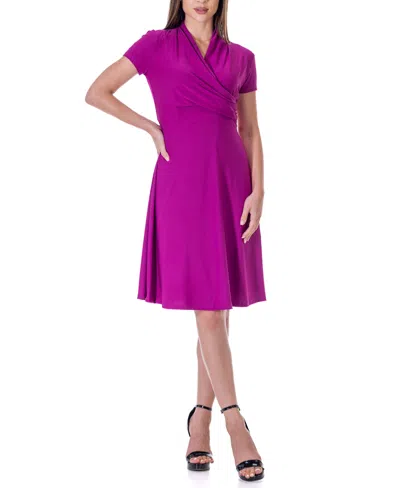24SEVEN COMFORT APPAREL SHORT SLEEVE KNEE LENGTH V NECK ROUCHED WRAP DRESS