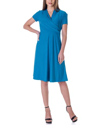 24seven Comfort Apparel Short Sleeve Knee Length V Neck Rouched Wrap Dress In Turquoise