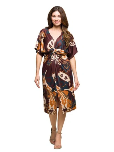 24seven Comfort Apparel Short Sleeve Knot Front Midi Dress In Multi