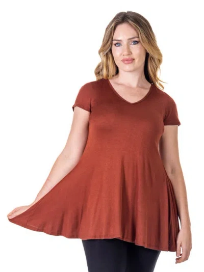 24seven Comfort Apparel Short Sleeve Loose Fit Tunic Top With V-neck In Brown