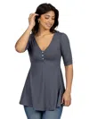 24seven Comfort Apparel Maternity V Neck Elbow Sleeve Flared Henley Style Tunic Top In Gray