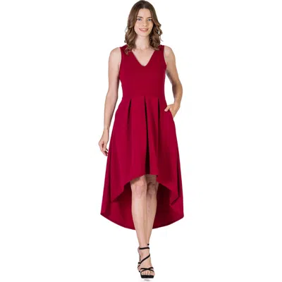 24seven Comfort Apparel Sleeveless Fit N Flare High Low Dress In Red