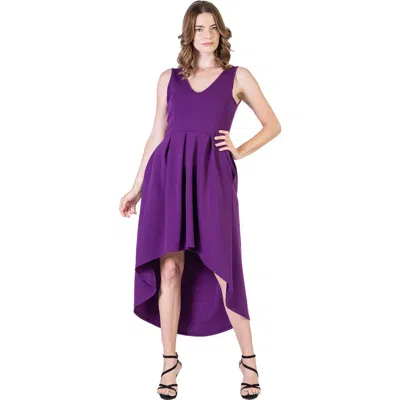 24seven Comfort Apparel Sleeveless Fit N Flare High Low Dress In Purple