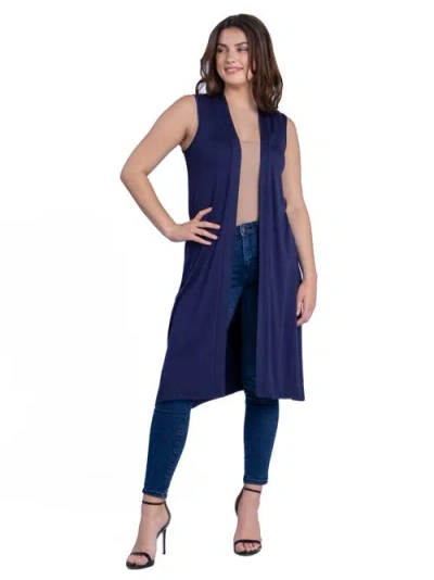 24seven Comfort Apparel Sleeveless Long Cardigan Vest With Side Slit In Blue