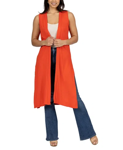 24seven Comfort Apparel Sleeveless Long With Side Slit Cardigan Vest In Orange