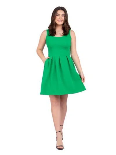 24seven Comfort Apparel Sleeveless Pleated Skater Dress With Pockets In Green