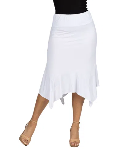 24seven Comfort Apparel Solid Color Knee Length Elastic Waist Handkerchief Skirt In White