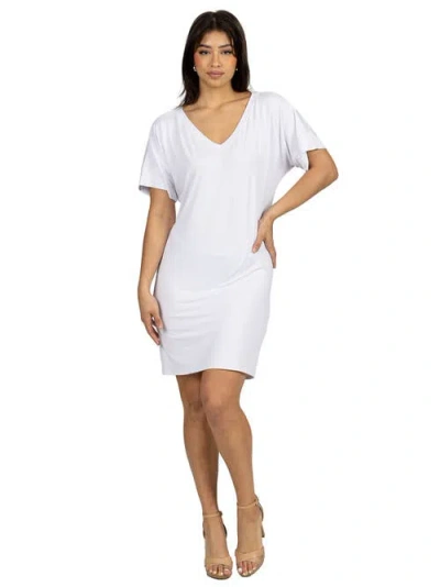 24seven Comfort Apparel Solid Color Loose Fit V-neck T Shirt Style Knee Length Dress In White