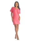 24seven Comfort Apparel Solid Color Loose Fit V-neck T Shirt Style Knee Length Dress In Pink