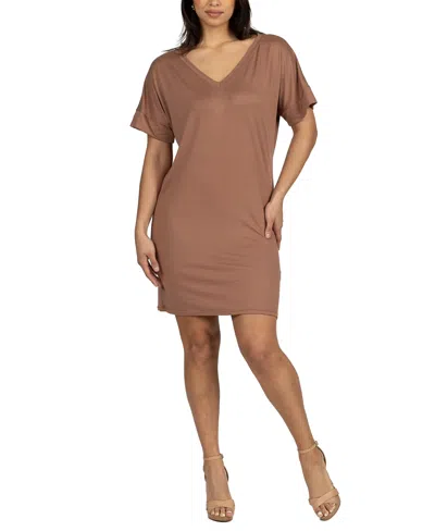24seven Comfort Apparel Solid Color Loose Fit V Neck T Shirt Style Womens Knee Length Dress In Mocha