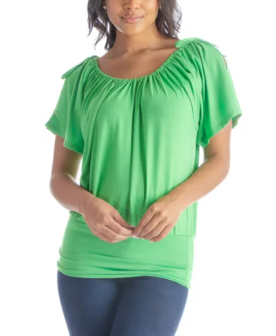 24seven Comfort Apparel Solid Color Short Sleeve Split Shoulder Top In Open Green