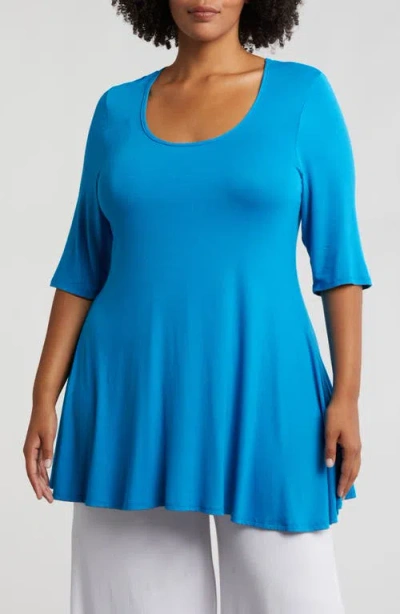 24seven Comfort Apparel Swing Asymmetric Hem Tunic Top In Blue