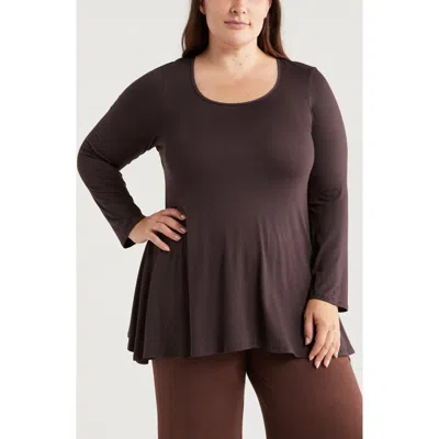 24seven Comfort Apparel Swing Asymmetric Hem Tunic Top In Brown