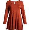 24seven Comfort Apparel Swing Asymmetric Hem Tunic Top In Rust