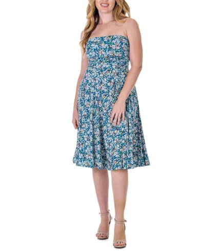 24seven Comfort Apparel Teal Floral Strapless Tube Top Flowy Knee Length Dress In Miscellane
