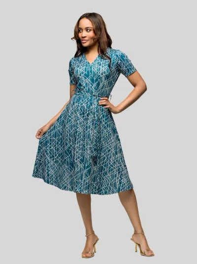 24seven Comfort Apparel Teal Print Short Sleeve Tie Waist Midi Dress In Multi