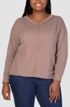24seven Comfort Apparel Textured Stripe Knit Top In Taupe