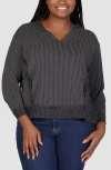 24seven Comfort Apparel Textured Stripe Split Neck Sweatshirt In Black