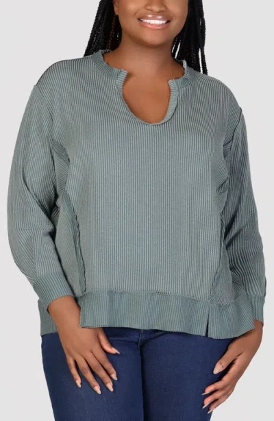 24seven Comfort Apparel Textured Stripe Split Neck Sweatshirt In Green