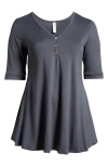24seven Comfort Apparel Short Sleeve Tunic Top With Button Detail In Charcoal