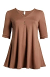 24seven Comfort Apparel Short Sleeve Tunic Top With Button Detail In Mocha