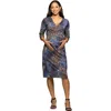 24seven Comfort Apparel Three Quarter Sleeve Faux Wrap Dress In Multi