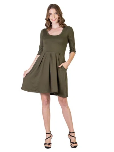 24seven Comfort Apparel Three Quarter Sleeve Fit And Flare Mini Dress In Green
