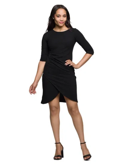 24seven Comfort Apparel Three Quarter Sleeve Ruched Tulip Hem Mini Dress In Black