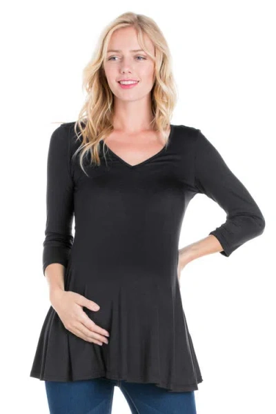 24seven Comfort Apparel Three Quarter Sleeve V-neck Maternity Tunic Top In Black